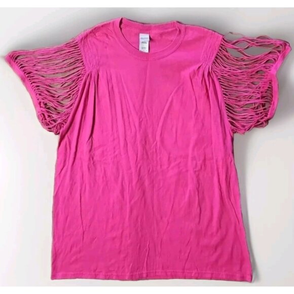 Razor Cut Sleeves Gildan Heavy Cotton Pink T-Shirt XL Upcycled OOAK Handmade - Picture 1 of 7